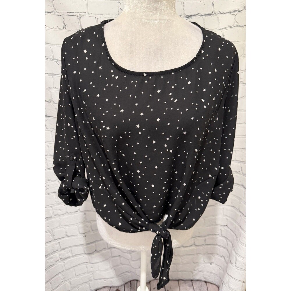 Active USA Sheer Blouse Black W/ Stars 3/4 Adjustable Sleeves Front Tie Size L